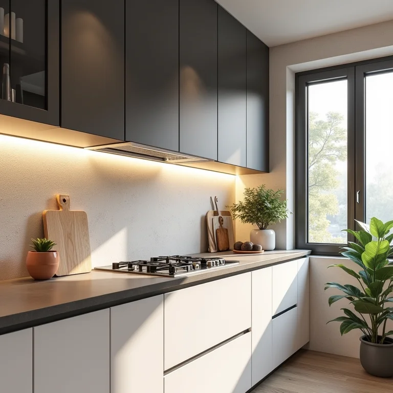 Cozinha moderna com papel de parede 3D.