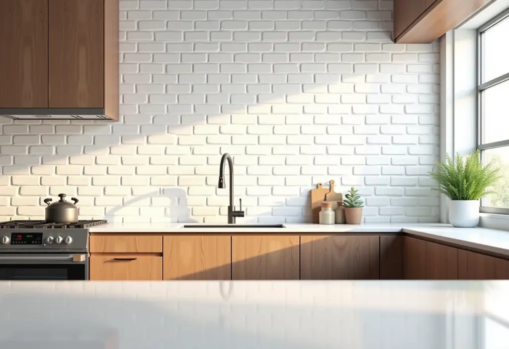 Cozinha decorada com tijolinho branco: o charme que você precisa ter Cozinha moderna com parede de tijolinho branco e armários de madeira escura