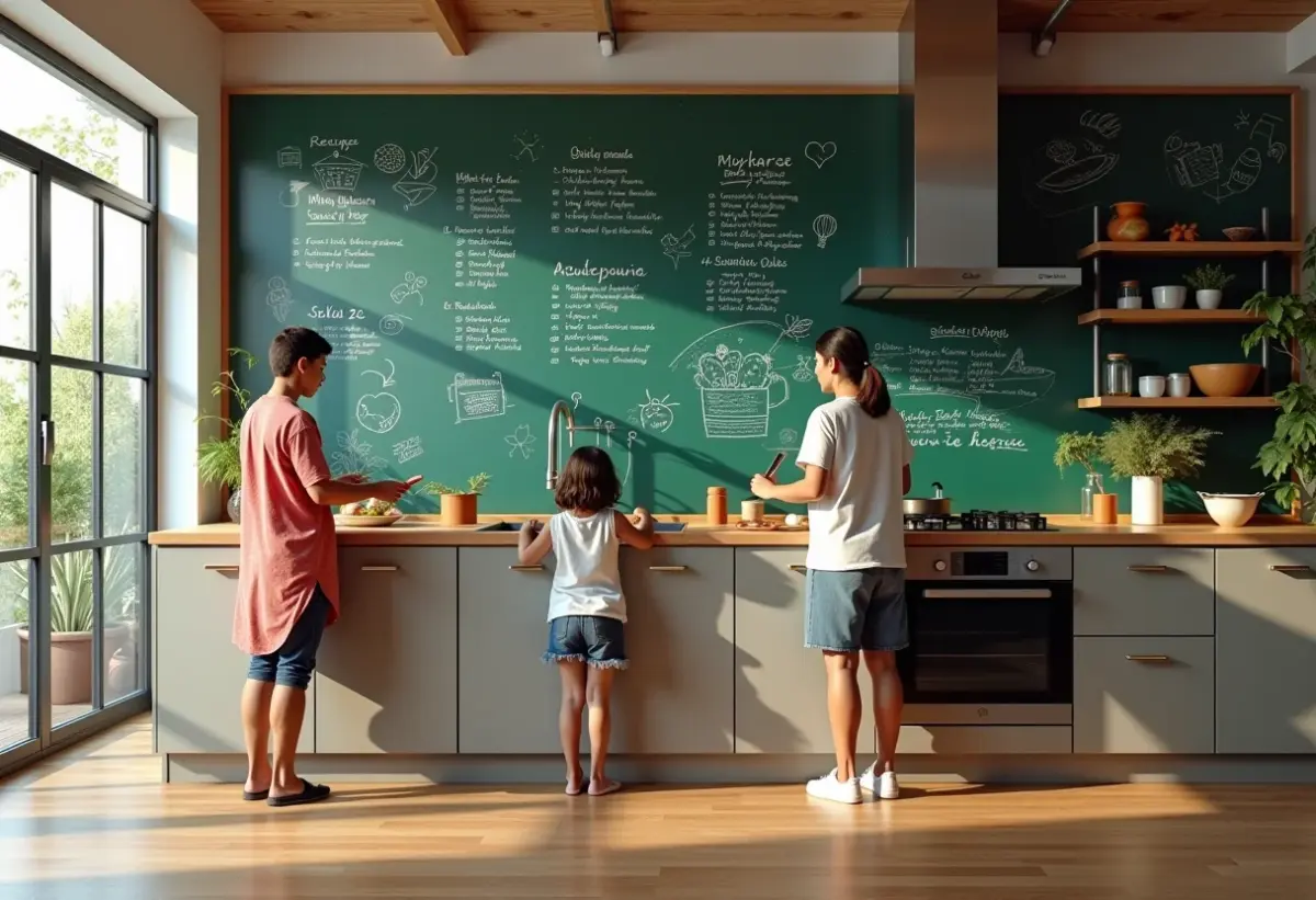 Parede Lousa: o segredo para ter criatividade de sobra em casa Cozinha moderna com parede lousa criativa.