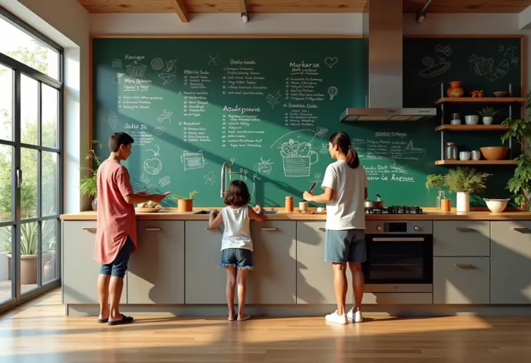 Cozinha moderna com parede lousa criativa.