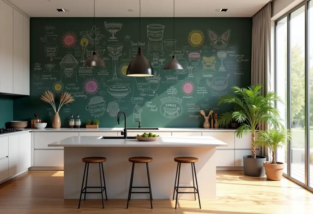 Parede Lousa: 5 erros que você deve evitar (urgente!) Cozinha moderna com parede lousa decorada com desenhos coloridos e receitas escritas à mão.