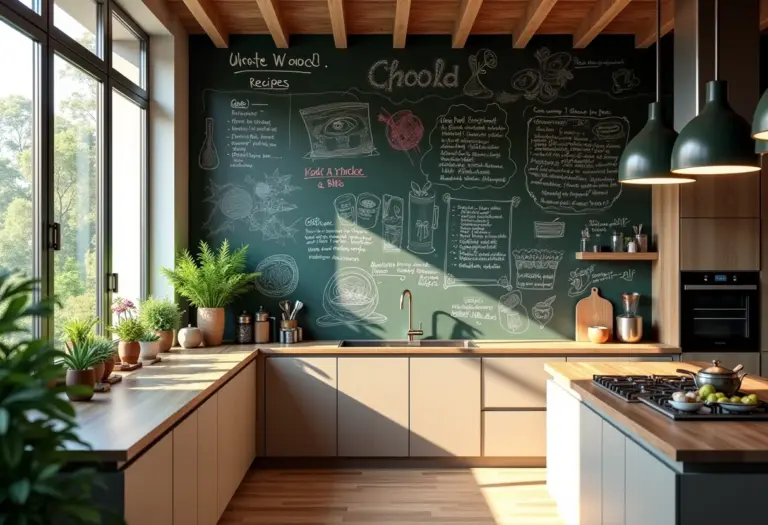 Cozinha moderna com parede lousa decorada com receitas e desenhos coloridos