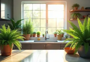 Cozinha moderna decorada com diversas samambaias exuberantes.