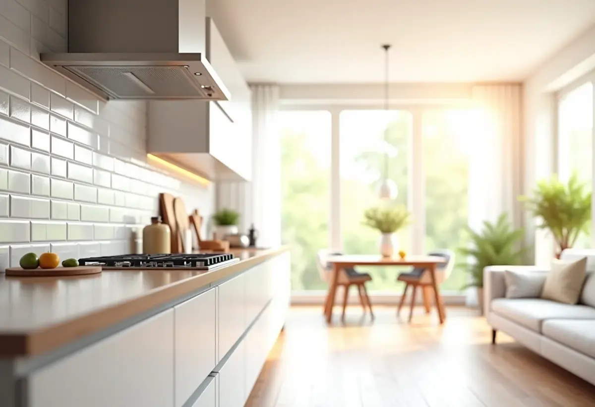 Cozinha moderna e iluminada com revestimento de tijolinho branco