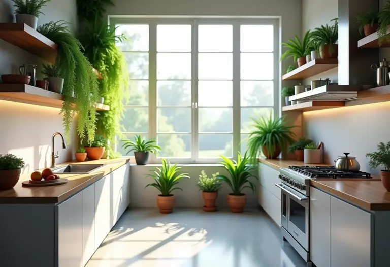 Cozinha moderna e iluminada decorada com samambaias exuberantes