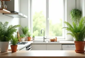 Cozinha decorada com samambaias: o toque verde que sua casa precisa Cozinha moderna e iluminada decorada com samambaias exuberantes.