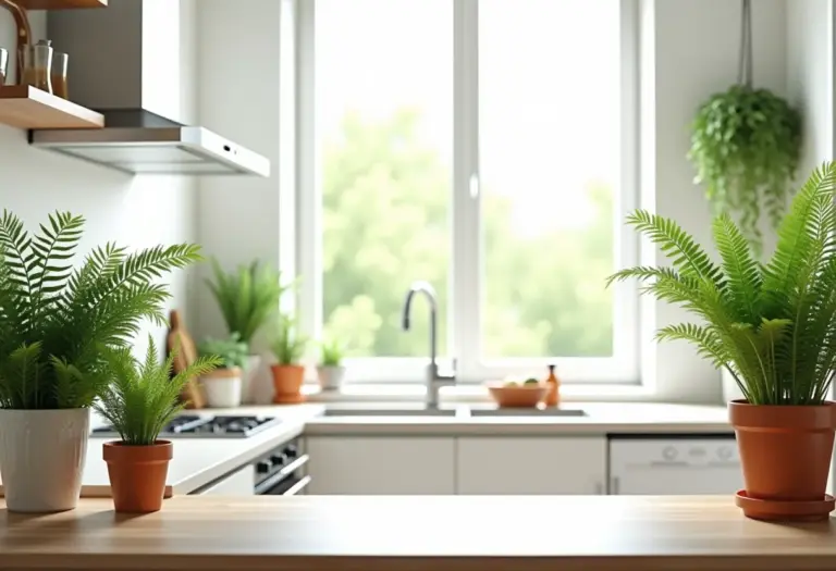 Cozinha moderna e iluminada decorada com samambaias exuberantes.
