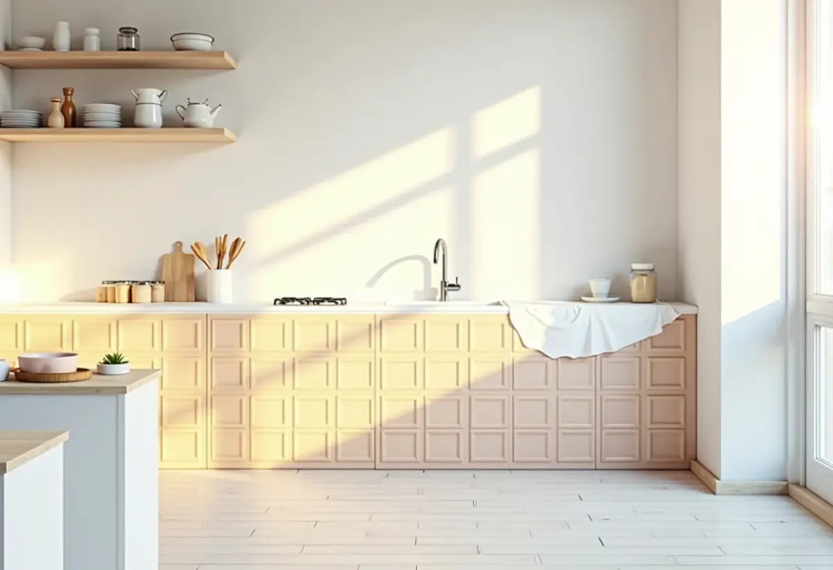 Cozinha moderna em reforma com azulejos parcialmente pintados.