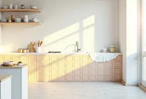 Cozinha moderna em reforma com azulejos parcialmente pintados.