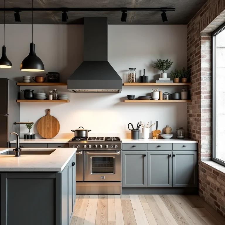 Cozinha organizada em estilo industrial com decoração minimalista.