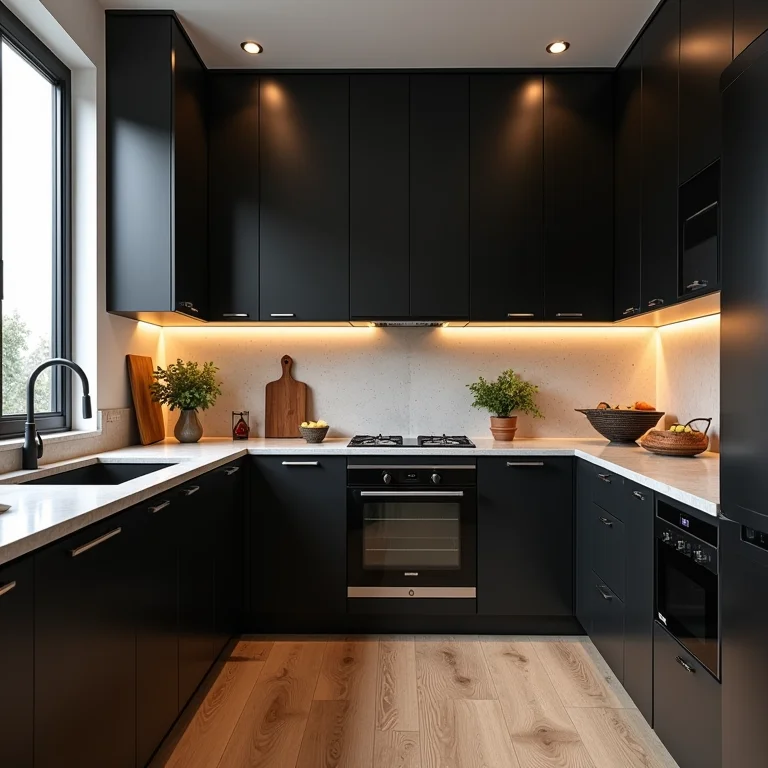 Cozinha pequena com armários pretos e falta de estilo definido