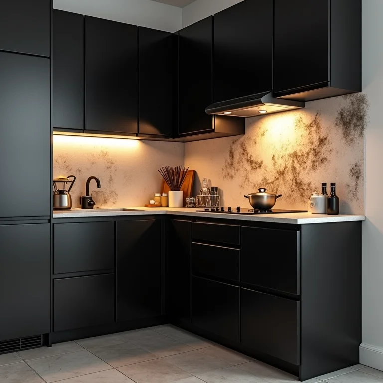 Cozinha pequena com armários pretos e má ventilação