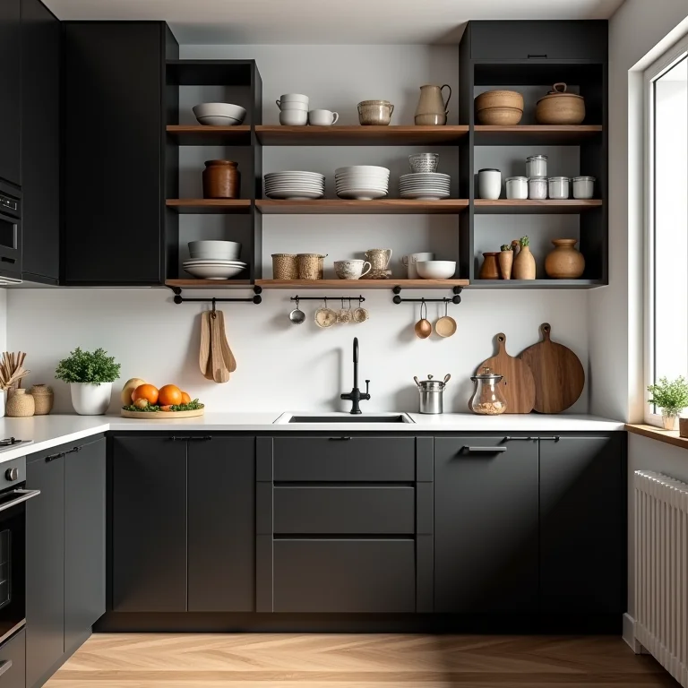 Cozinha pequena com armários pretos e otimização do espaço vertical