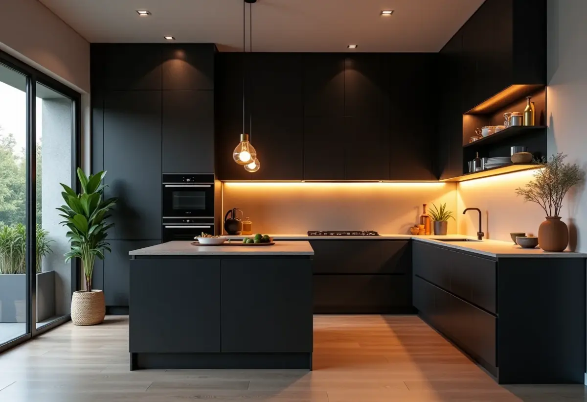 Cozinha pequena moderna com armários pretos