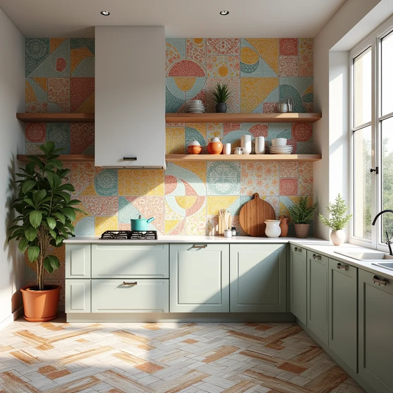 Cozinha personalizada com azulejos pintados em cores vibrantes.