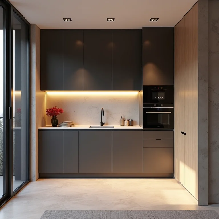 Cozinha planejada com design moderno e porta de correr personalizada