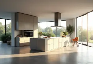 Cozinha planejada moderna com ilha central e iluminação natural abundante.