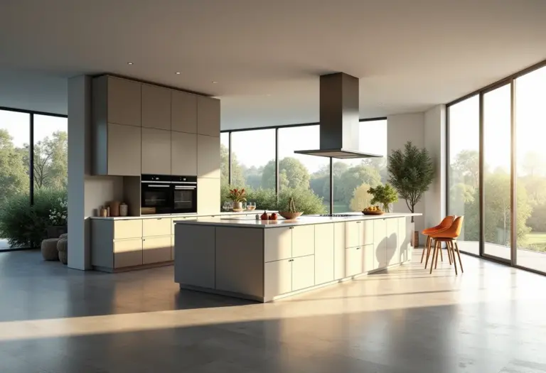 Cozinha planejada moderna com ilha central e iluminação natural abundante.