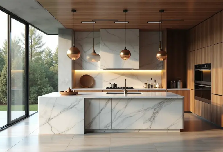 Cozinha planejada moderna com ilha central e iluminação natural abundante