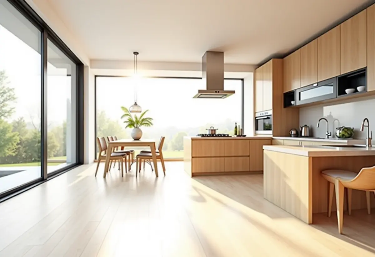 Cozinha planejada moderna com porta de correr e iluminação natural abundante