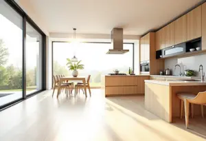 Cozinha planejada moderna com porta de correr e iluminação natural abundante