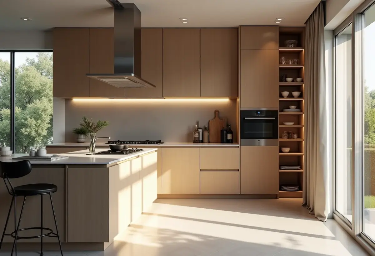 Cozinha planejada moderna com porta de correr otimizando espaço