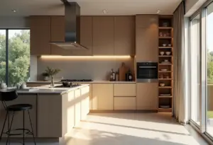 Cozinha planejada moderna com porta de correr otimizando espaço
