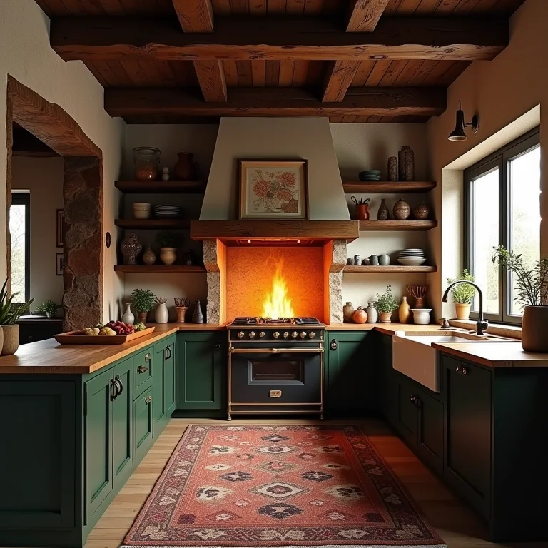 Cozinha planejada rústica com fogão a lenha