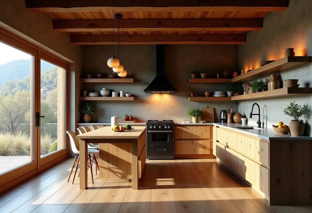 Cozinha planejada rústica com ilha central de madeira maciça