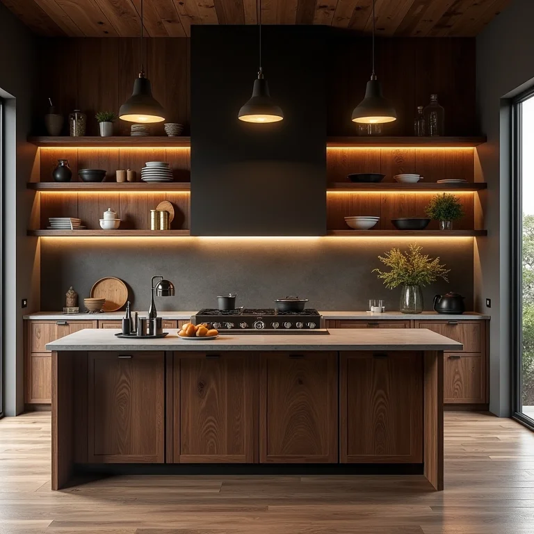 Cozinha planejada rústica com ilha e toque moderno