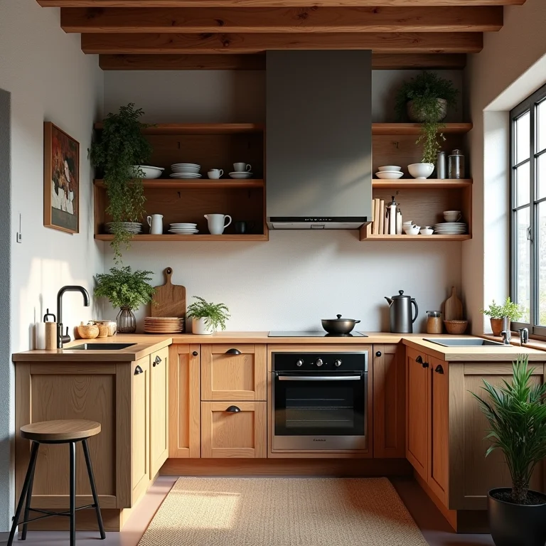 Cozinha rústica pequena planejada com otimização de espaço