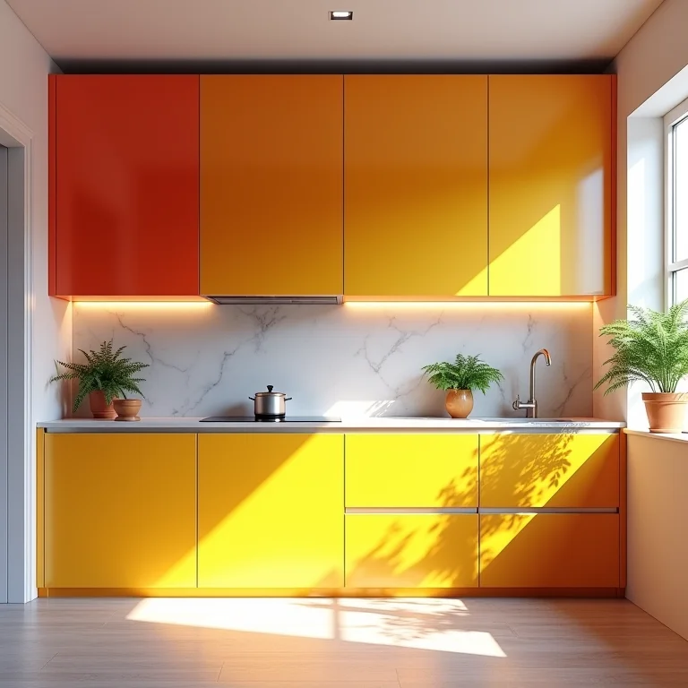 Cozinha vibrante com armários em laca colorida.