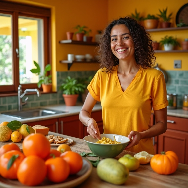 Cozinha vibrante em tons de laranja e amarelo com mulher cozinhando alegremente.