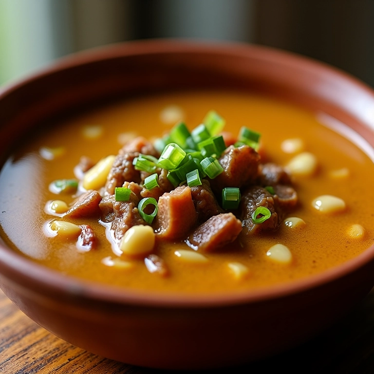 Creme de caldo de carne com mandioca, bacon crocante e cebolinha fresca em uma tigela de cerâmica.