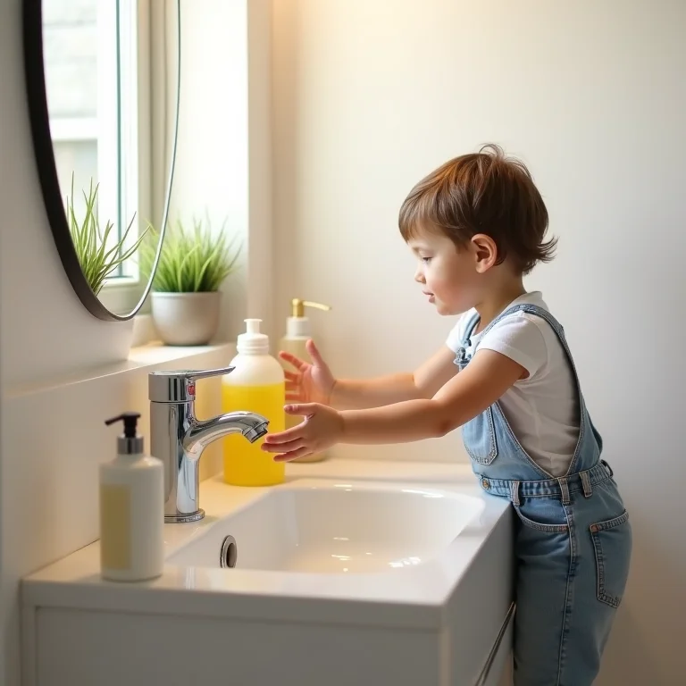 Criança alcançando produtos de limpeza perigosos em banheiro infantil