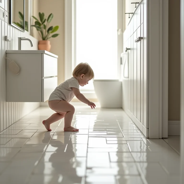 Criança escorregando no piso molhado do banheiro