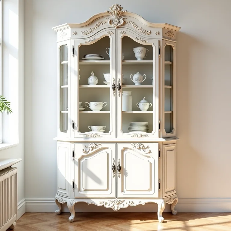 Cristaleira Provençal com acabamento branco desgastado e detalhes florais delicados.