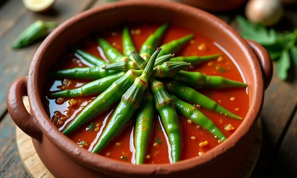 Delicioso ensopado de quiabo com especiarias brasileiras, servido em panela de barro rústica.