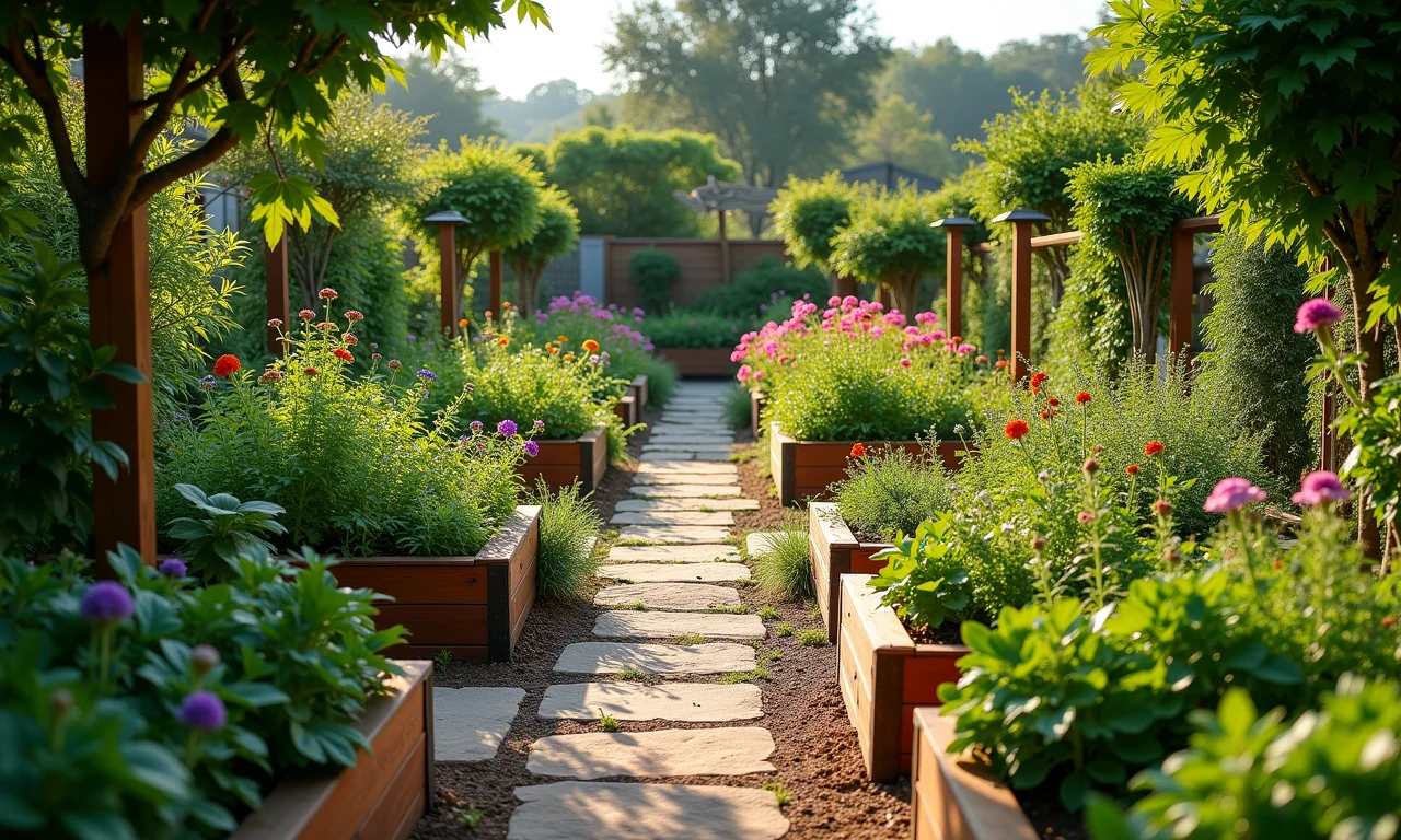Design atraente de jardim comestível com caminhos sinuosos e cores vibrantes.