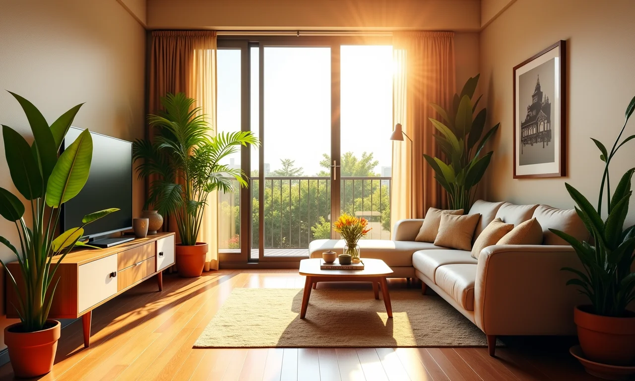 Designer gráfico buscando projetos online e enviando propostas em apartamento ensolarado.