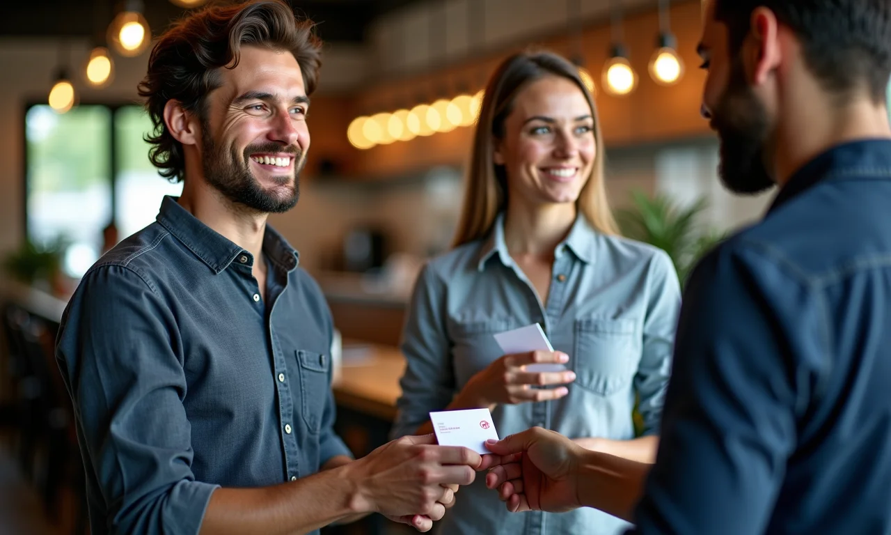 Designer gráfico em evento de networking, trocando cartões de visita.