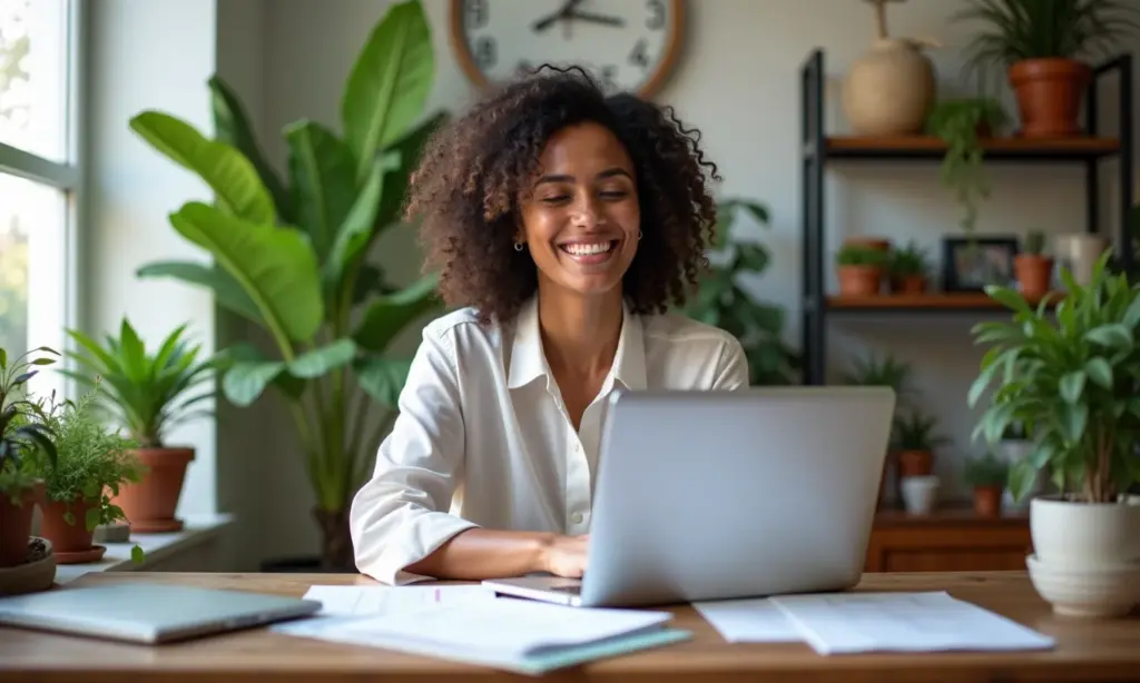 Designer gráfico freelancer trabalhando em casa, ambiente iluminado e com plantas.