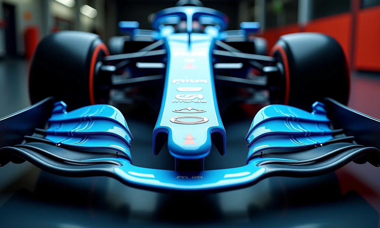 Detalhe da asa dianteira de um carro de Fórmula 1 mostrando o fluxo de ar.