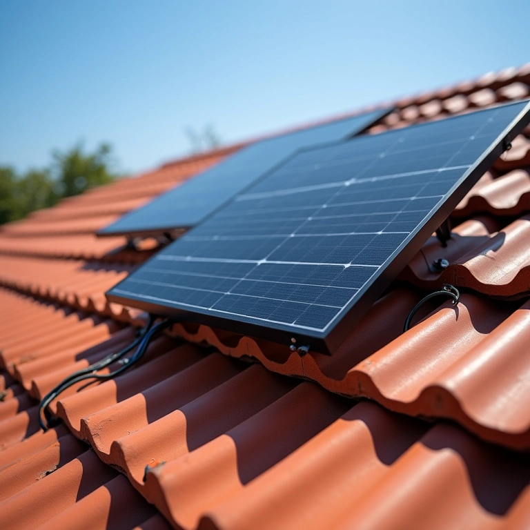 Detalhe da estrutura de fixação dos painéis solares em um telhado brasileiro.