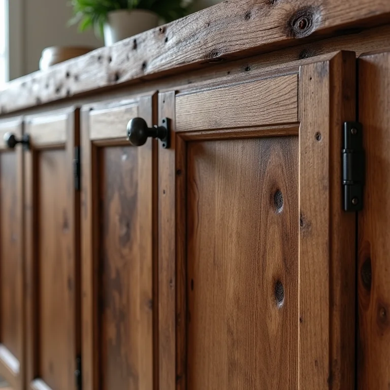 Detalhe da porta de um armário de cozinha feito com madeira de demolição