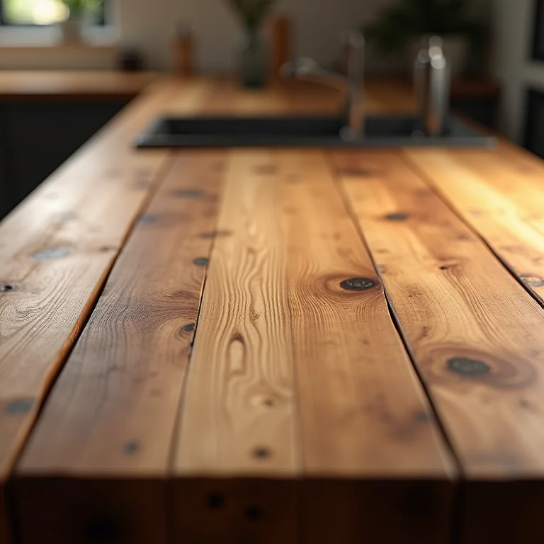 Detalhe da textura da madeira rústica em uma bancada