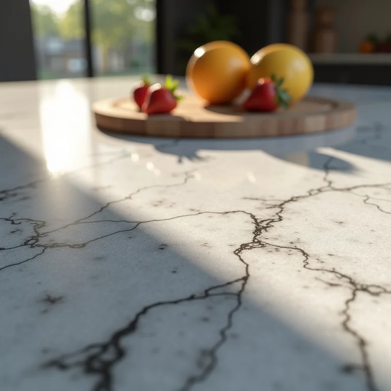 Detalhe de bancada de granito polido com veios sutis