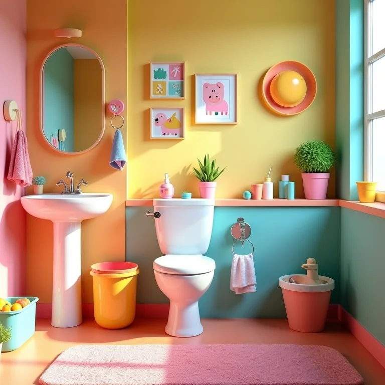 Detalhe de cores vibrantes em um banheiro infantil