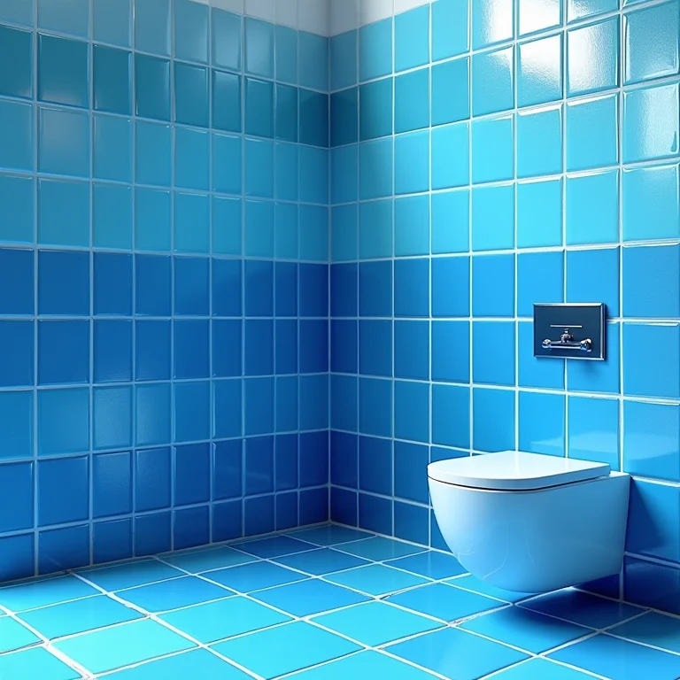 Detalhe de diferentes tonalidades de azul em um banheiro