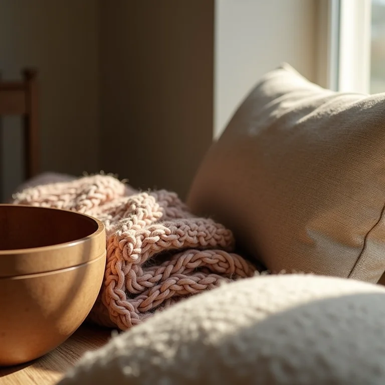 Detalhe de materiais naturais como madeira, lã e linho.